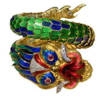 The Gondor:  Signed Illario Flexible Dragon Bracelet set with Rubies, Diamonds and Finished with Enamel