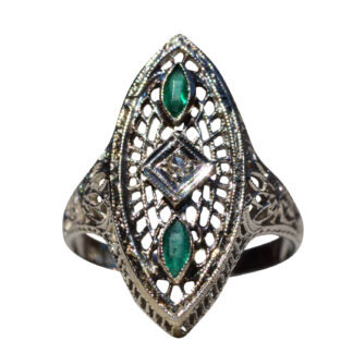 SOLD - The Verdemont: Antique Filigree Navette Ring with Emeralds and Diamond