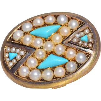 The Victorian Elegance: Antique Turquoise and Pearl Brooch in Yellow Gold