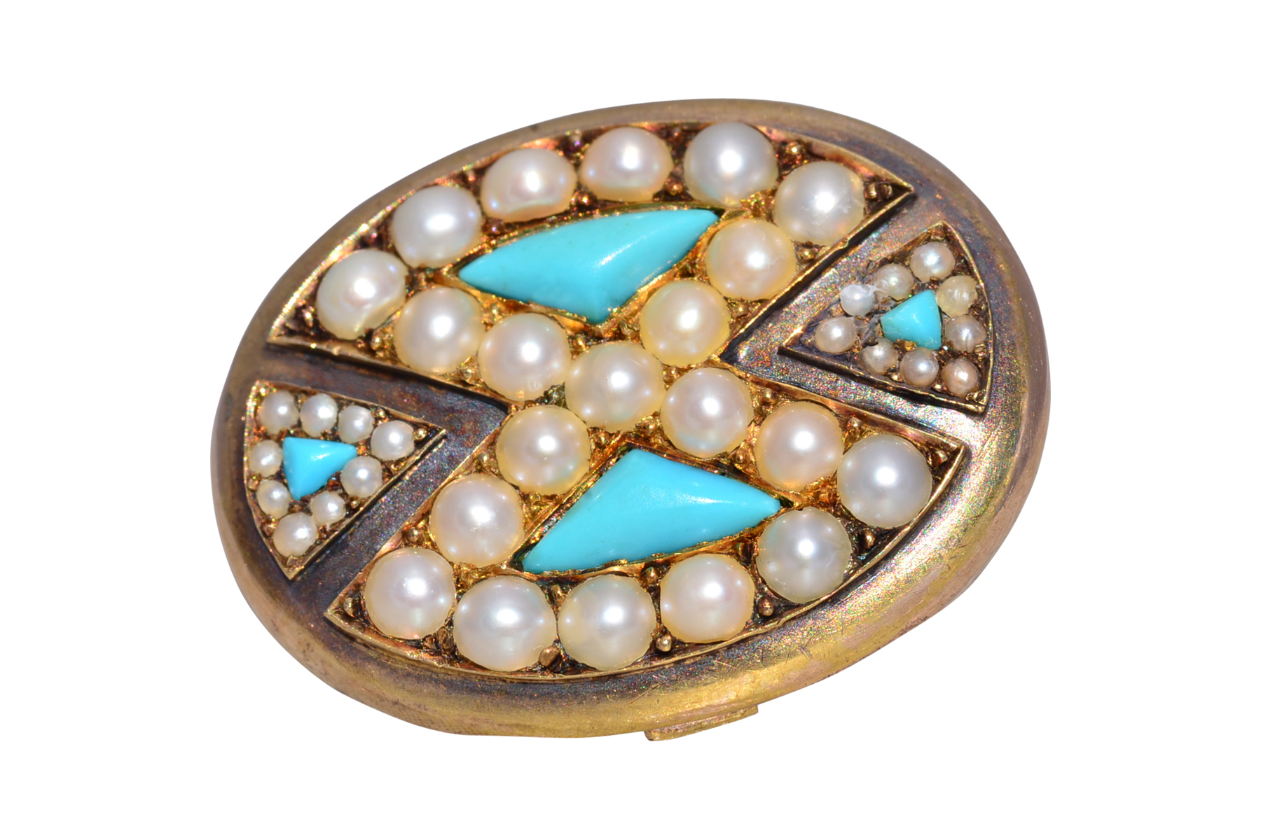 The Victorian Elegance: Antique Turquoise and Pearl Brooch in Yellow Gold