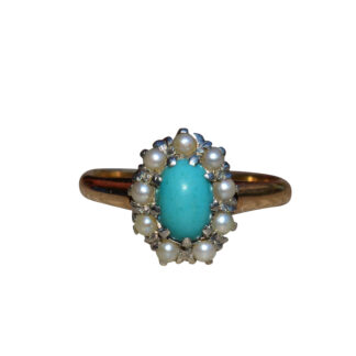SOLD - The Santa Clarita: Antique Turquoise Ring in Yellow Gold set with Seed Pearls