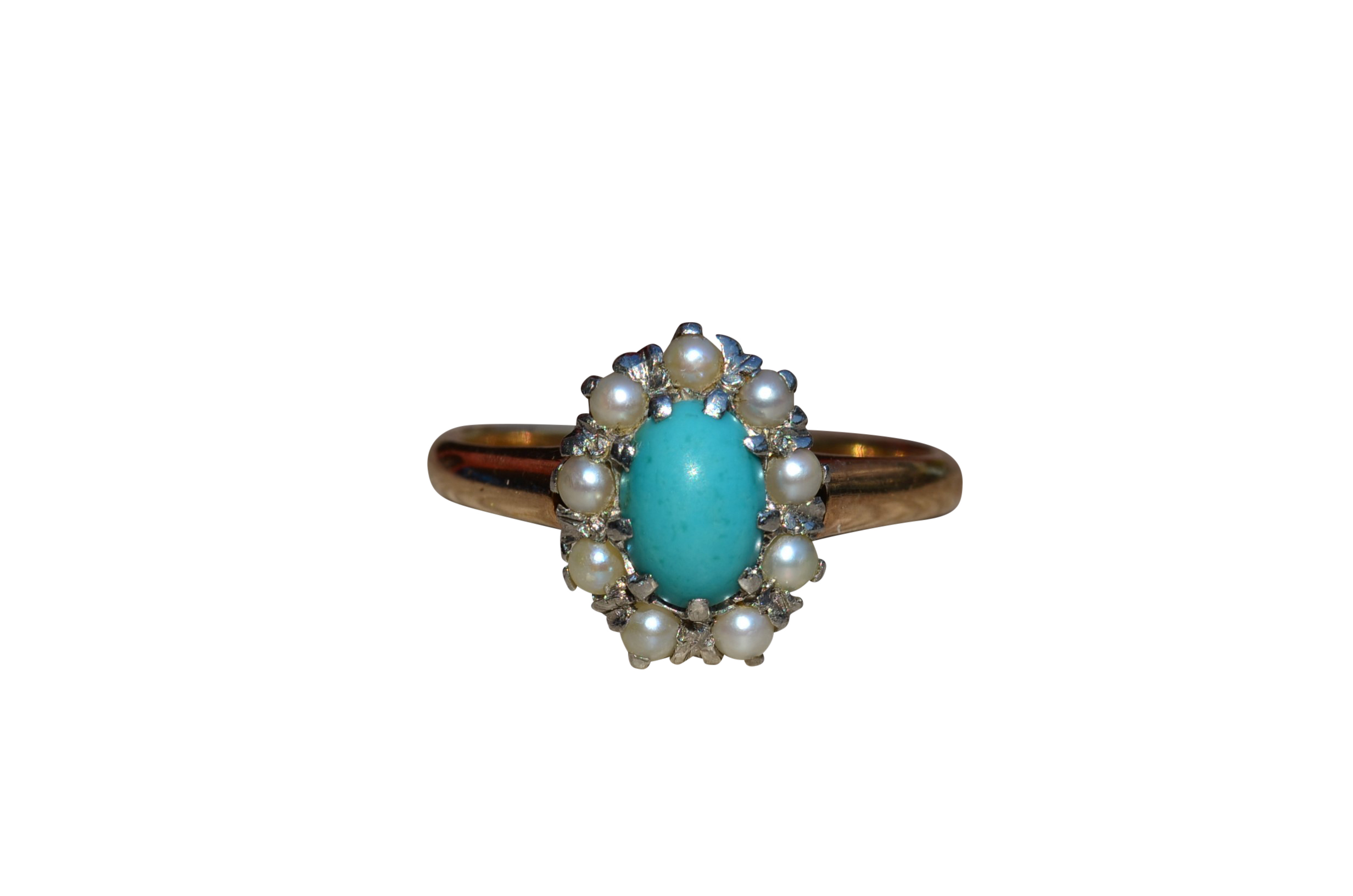 SOLD - The Santa Clarita: Antique Turquoise Ring in Yellow Gold set with Seed Pearls