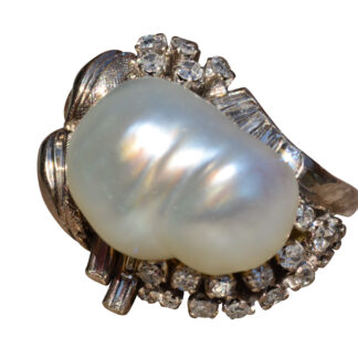 The Paisley:  Antique Filigree Pearl and Diamond Ring in Palladium and 14 Karat