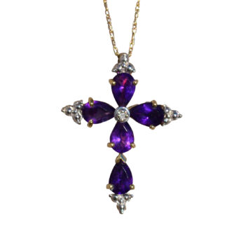 Ladies Amethyst and Diamond Cross Necklace in Yellow Gold