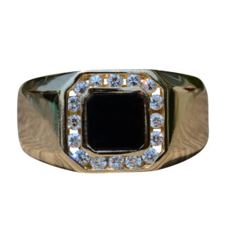 The Renado:  Gentlemen's 14K Gold Ring set with Onyx and Diamond Halo