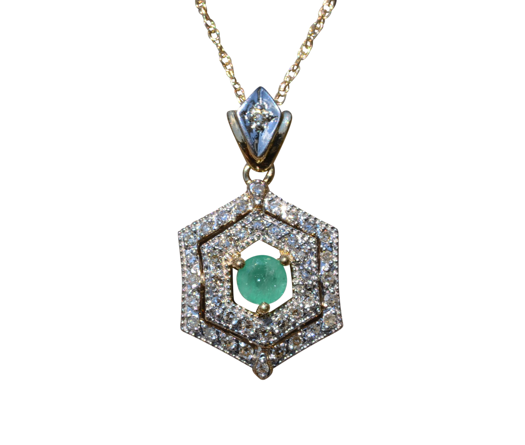 SOLD: The Oakland Park: Vintage Hexagonal Pendant Set With Emerald and Diamonds