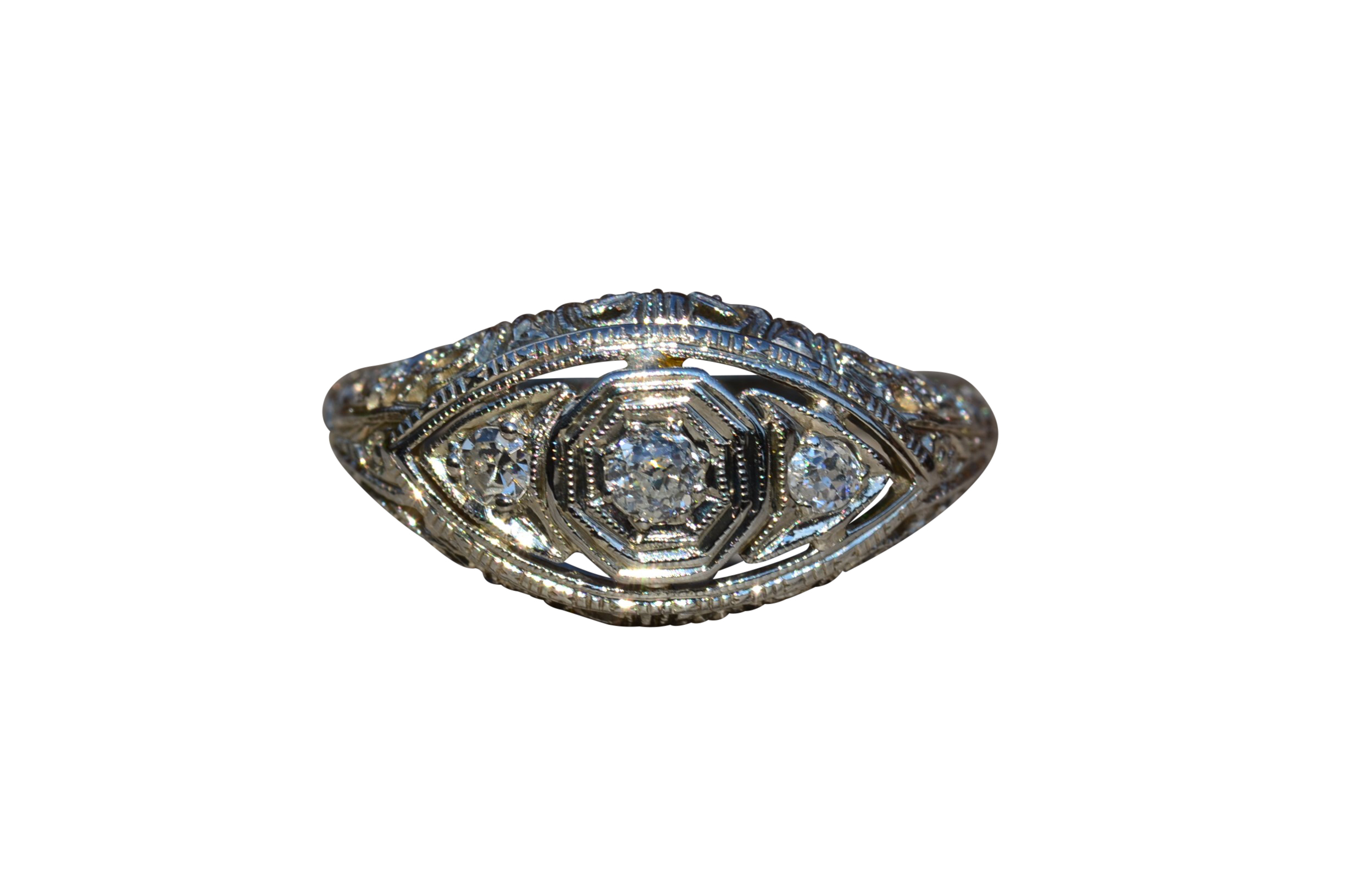 SOLD - The West Covina: Antique White Gold Filigree Ring set with Diamonds
