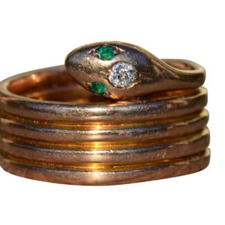 SOLD - The Deckerville:  Men's 14K Rose Gold Snake Coil Ring set with Diamond and Emeralds