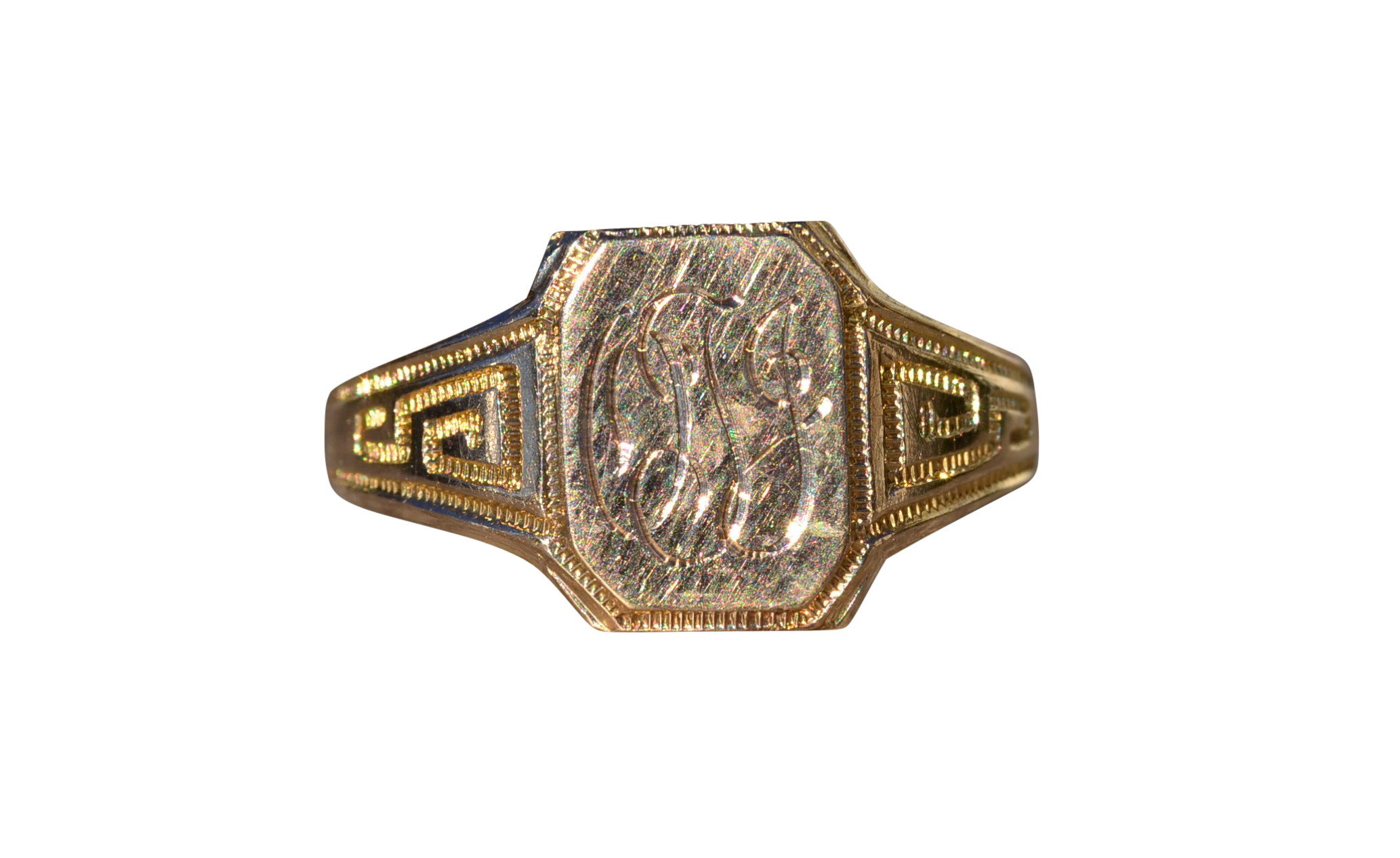 The Manistee: Ladies Antique Yellow Gold Engraved Ring