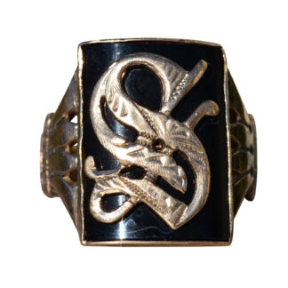SOLD - The Onaway:  Men's Engraved Yellow Gold Cocktail Ring set with Custom Cut Onyx