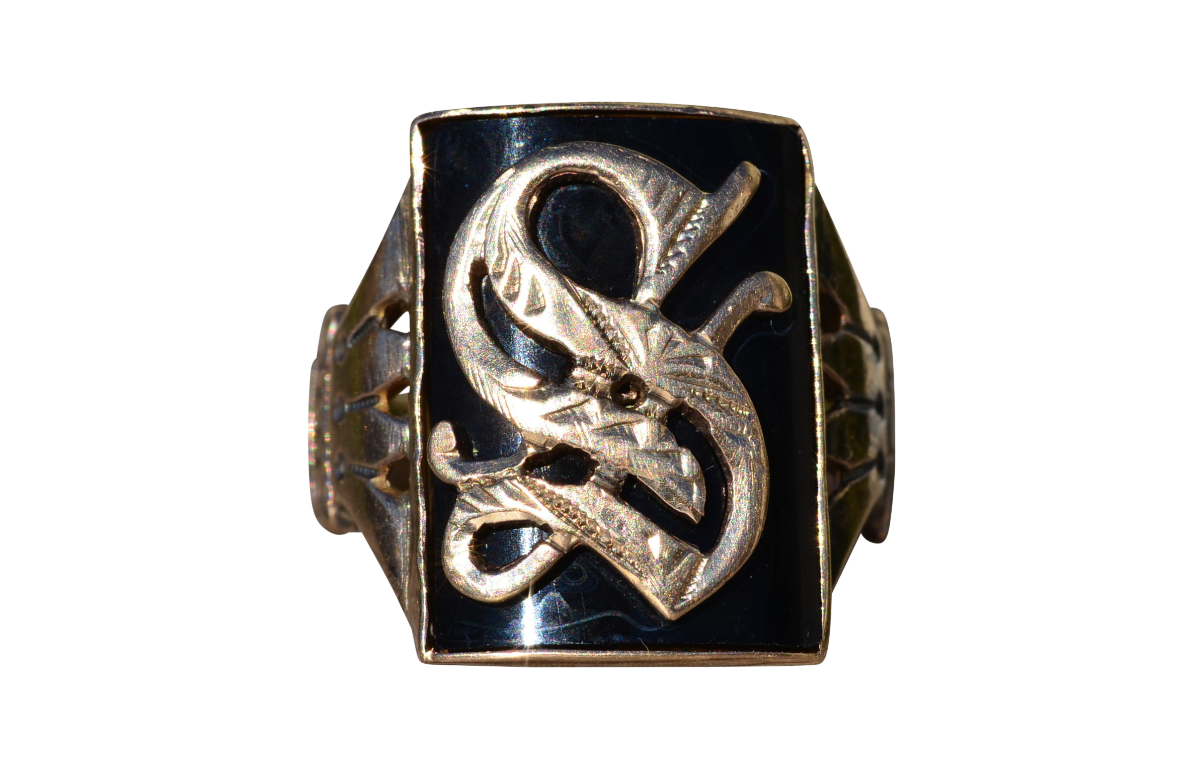 SOLD - The Onaway: Men's Engraved Yellow Gold Cocktail Ring set with Custom Cut Onyx