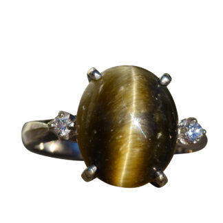 The Pierson Village:  Ladies Signed 14K Tigers Eye Quartz Cocktail Ring with Diamonds