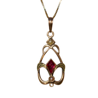 SOLD - The Bonney:  Ladies Antique Yellow Gold Necklace set with Laboratory Grown Ruby and Seed Pearls