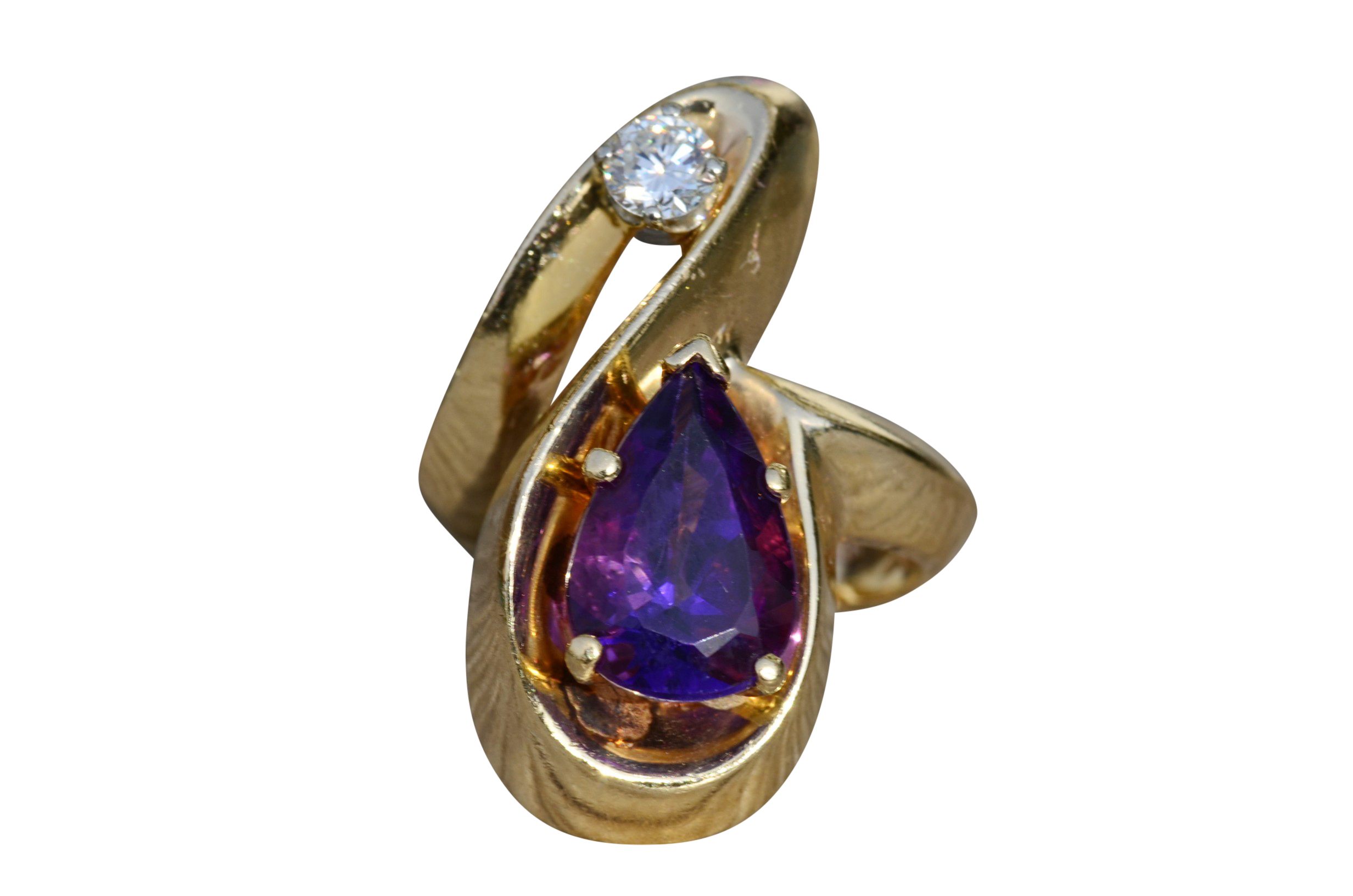 SOLD - The Mt Juliet: Ladies 14K Mid Century Modern Amethyst and Diamond Cocktail Ring