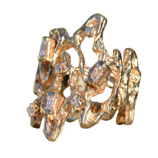 SOLD - The Fentress:  Ladies Brutalist Style Cocktail Ring in 14K Yellow Gold with Diamonds