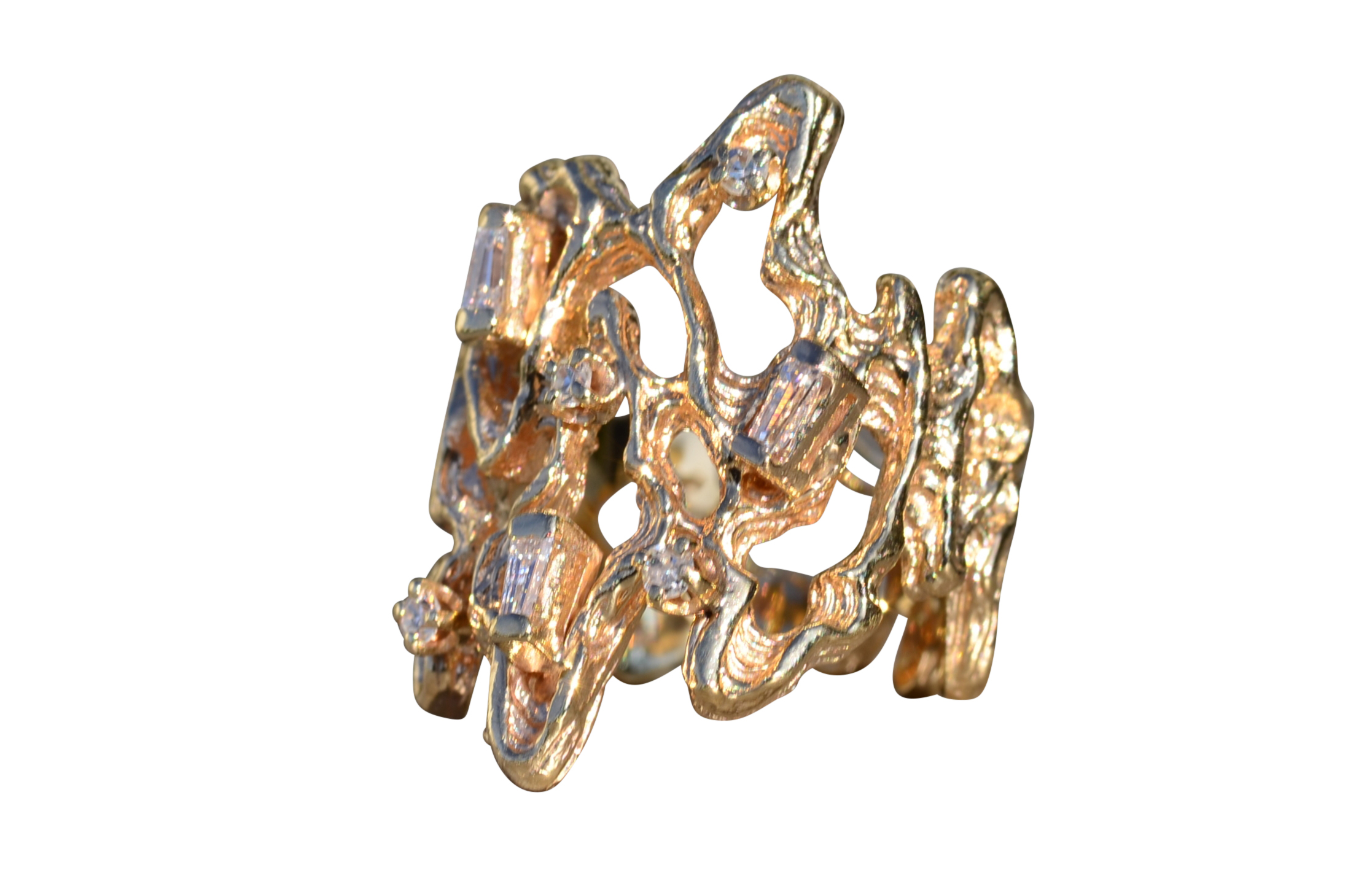 SOLD - The Fentress: Ladies Brutalist Style Cocktail Ring in 14K Yellow Gold with Diamonds