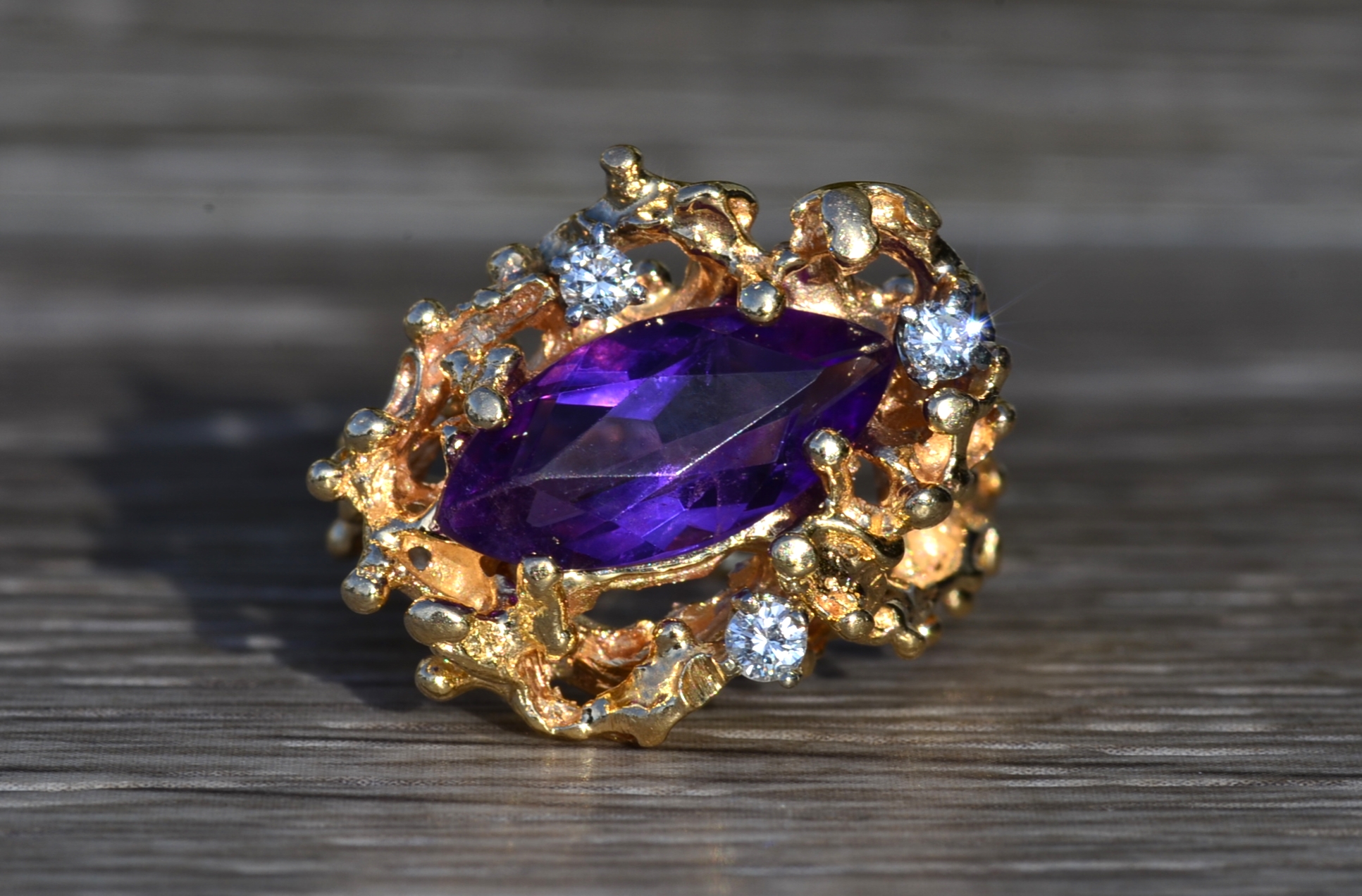 SOLD - The Elizabethton: Ladies 14K Gold Brutalist Style Ring set with Amethyst and Diamonds - Image 7