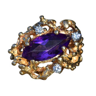 SOLD - The Elizabethton:  Ladies 14K Gold Brutalist Style Ring set with Amethyst and Diamonds