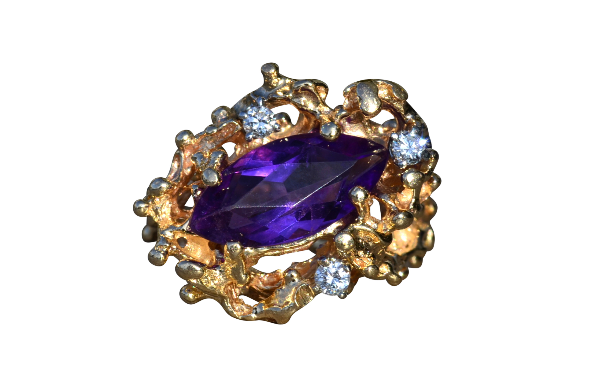 SOLD - The Elizabethton: Ladies 14K Gold Brutalist Style Ring set with Amethyst and Diamonds
