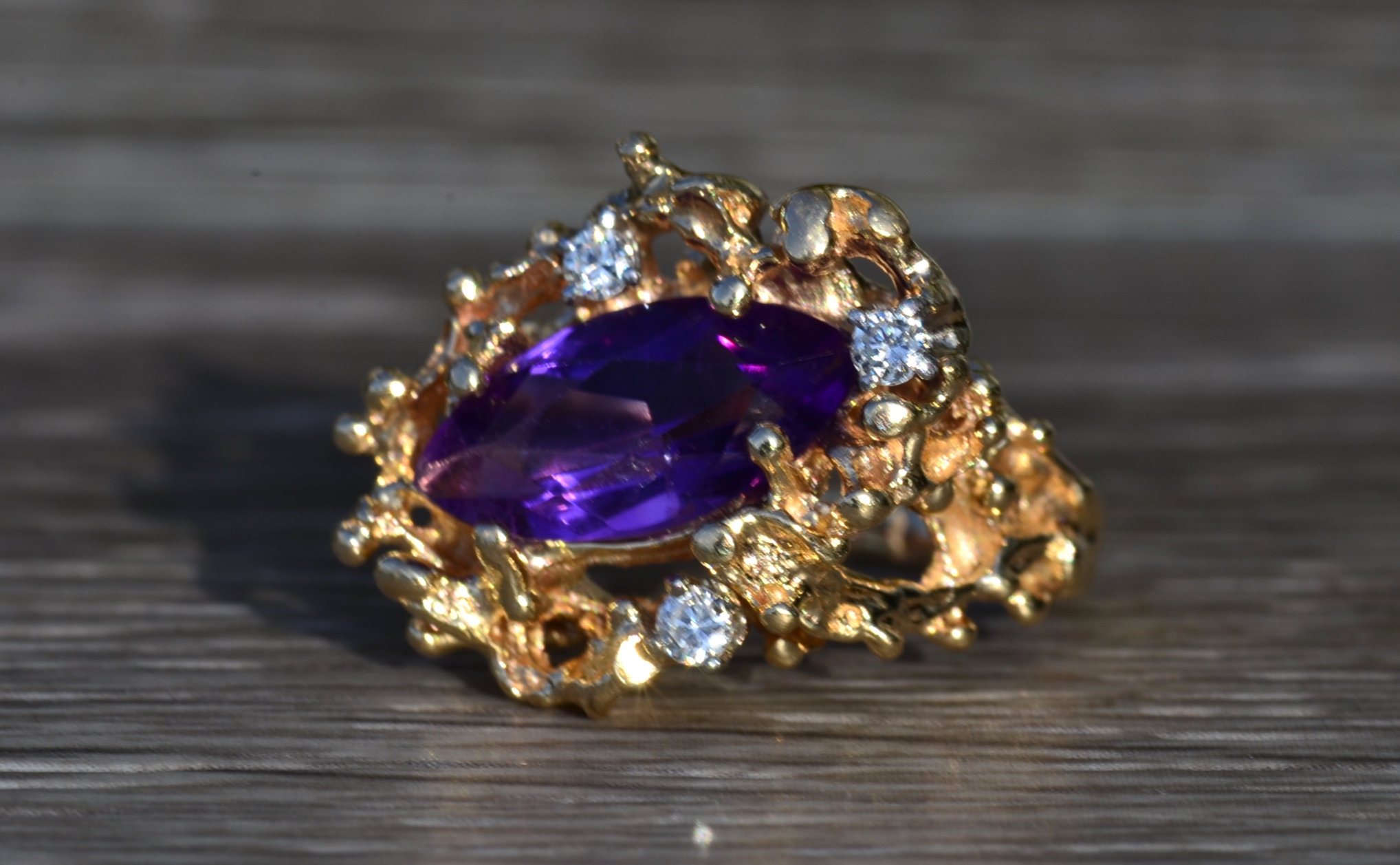 SOLD - The Elizabethton: Ladies 14K Gold Brutalist Style Ring set with Amethyst and Diamonds - Image 3