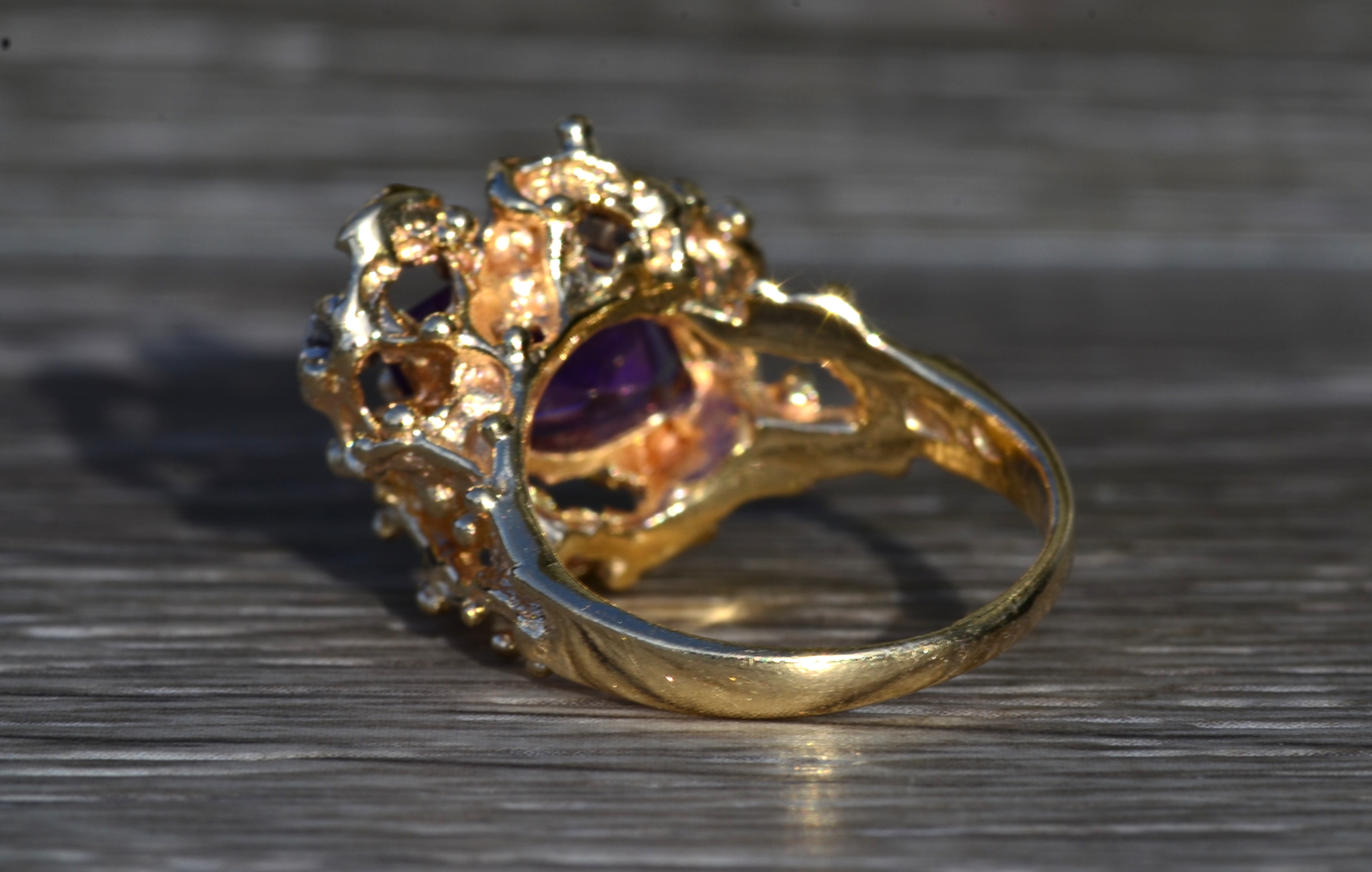 SOLD - The Elizabethton: Ladies 14K Gold Brutalist Style Ring set with Amethyst and Diamonds - Image 4