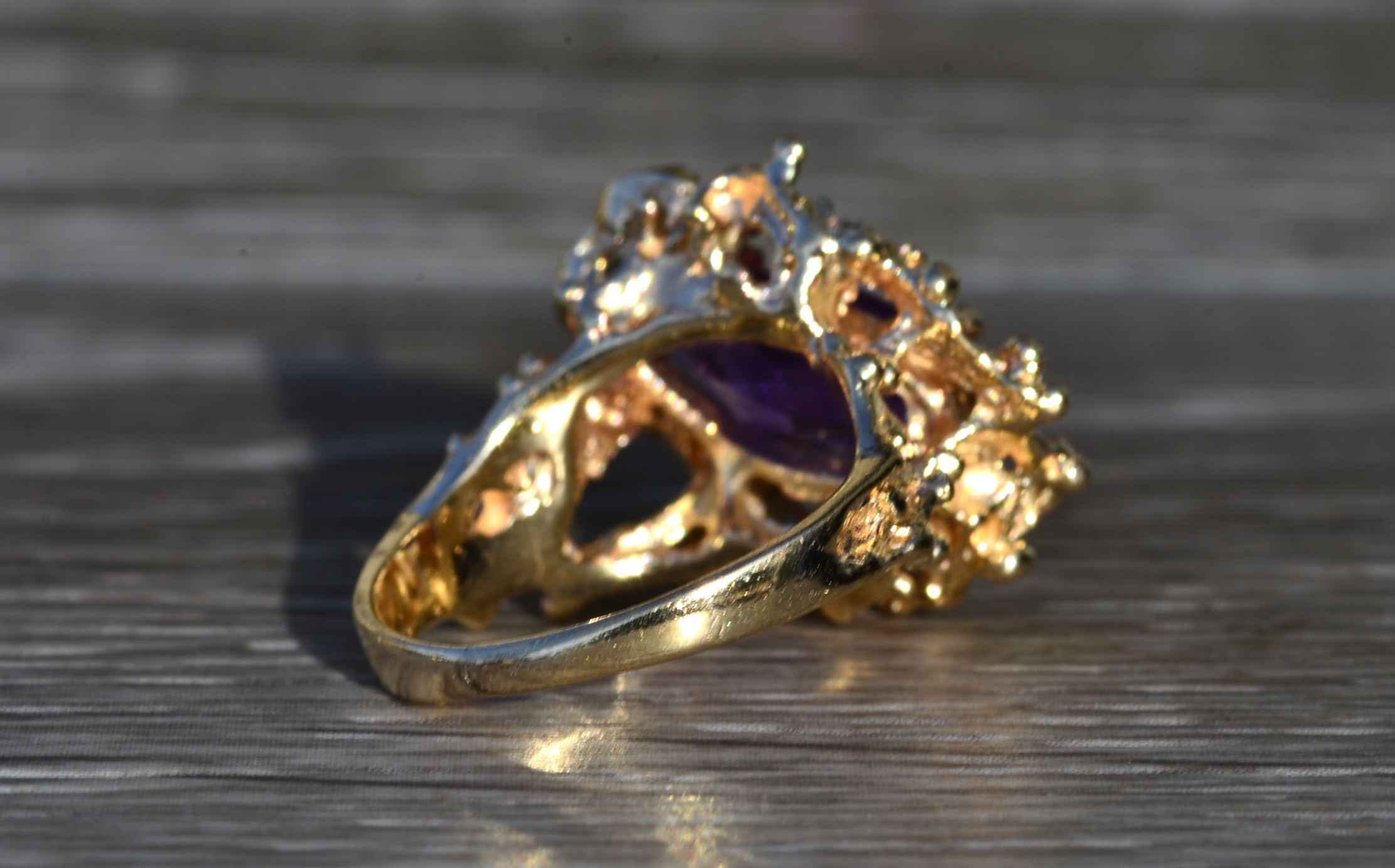 SOLD - The Elizabethton: Ladies 14K Gold Brutalist Style Ring set with Amethyst and Diamonds - Image 5