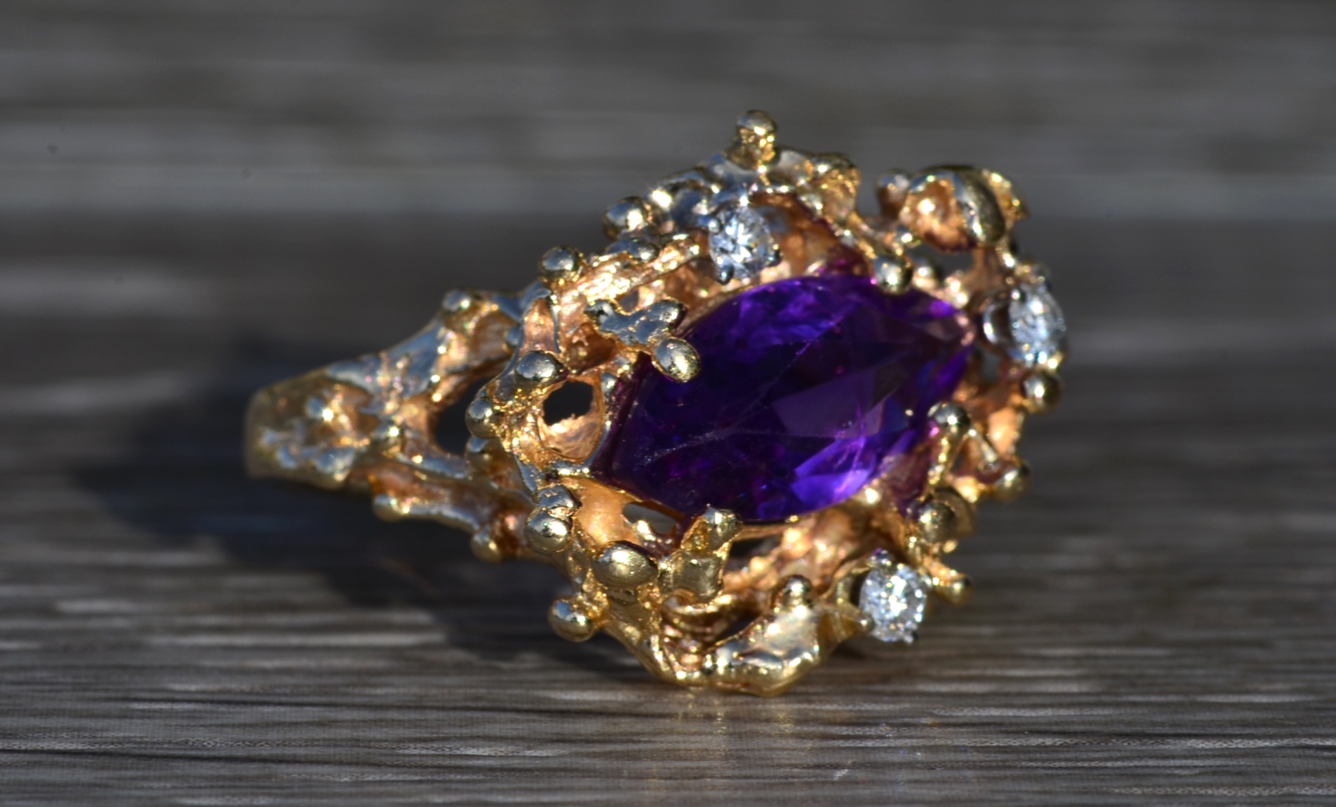 SOLD - The Elizabethton: Ladies 14K Gold Brutalist Style Ring set with Amethyst and Diamonds - Image 6