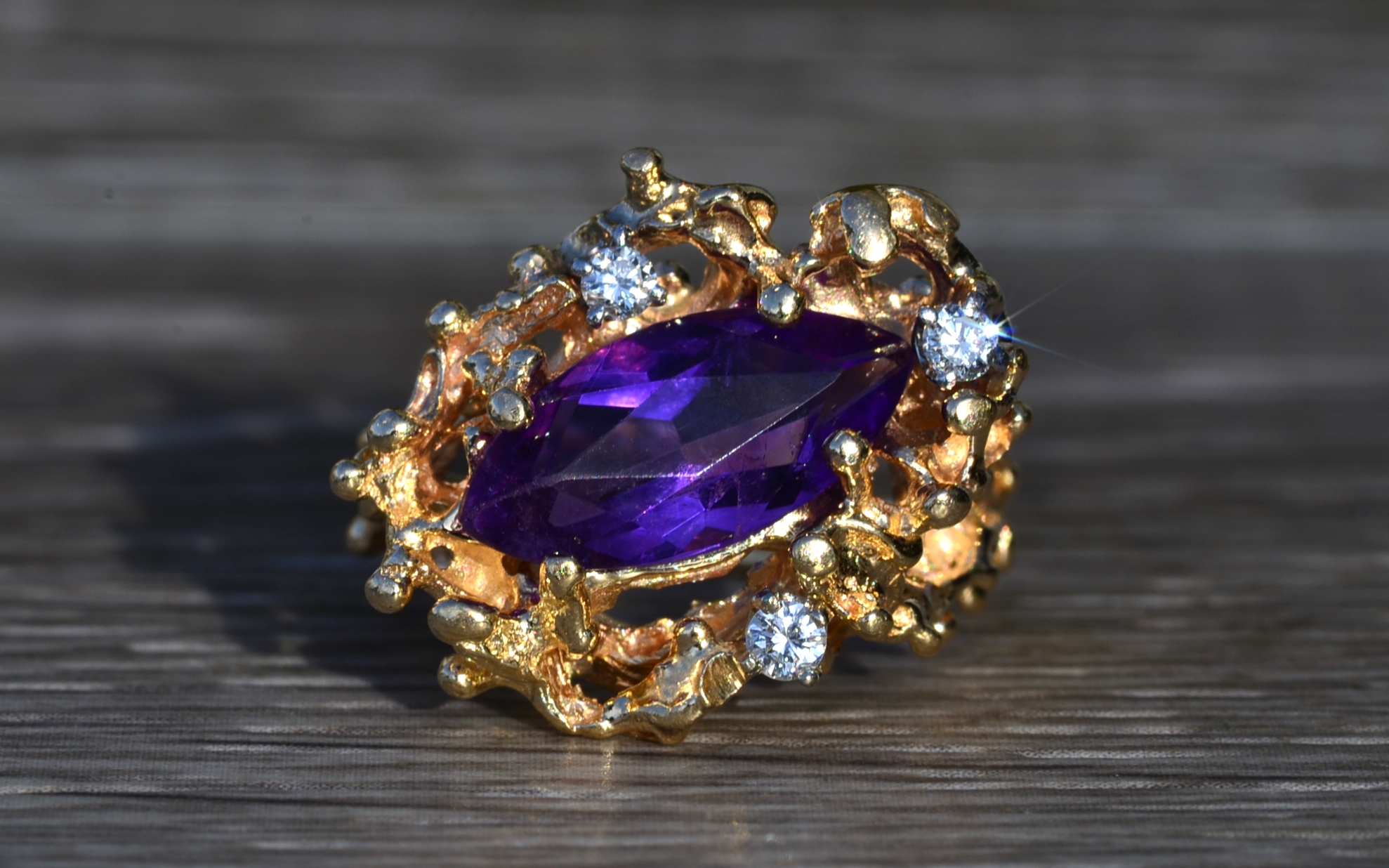 SOLD - The Elizabethton: Ladies 14K Gold Brutalist Style Ring set with Amethyst and Diamonds - Image 2