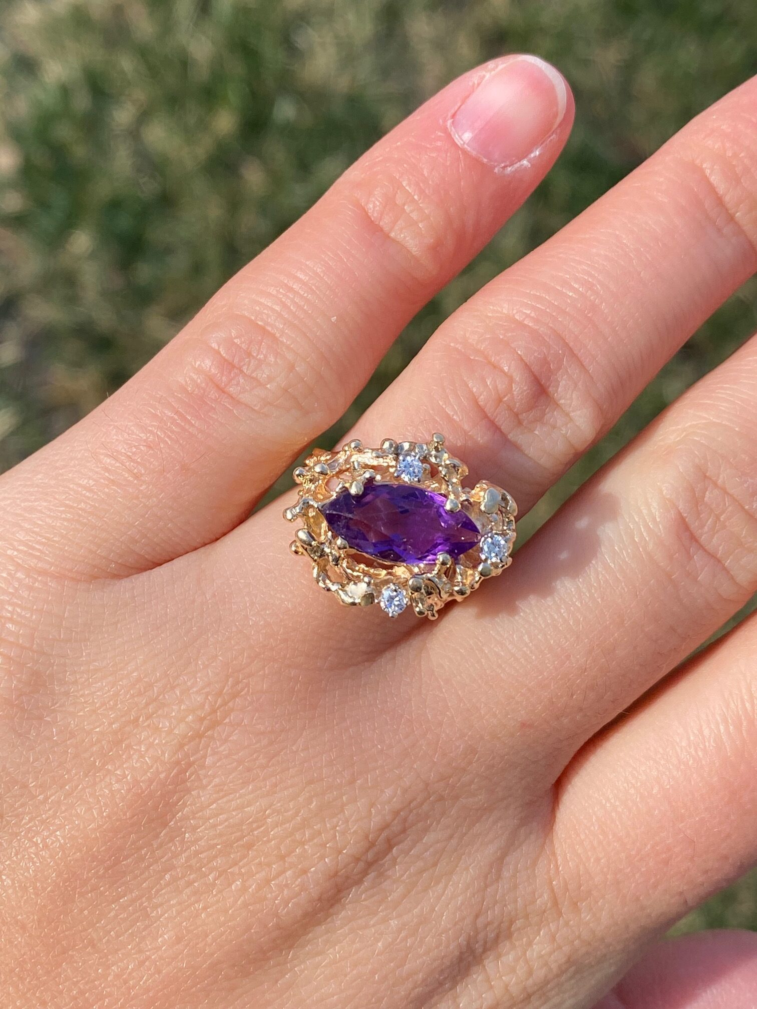 SOLD - The Elizabethton: Ladies 14K Gold Brutalist Style Ring set with Amethyst and Diamonds - Image 8
