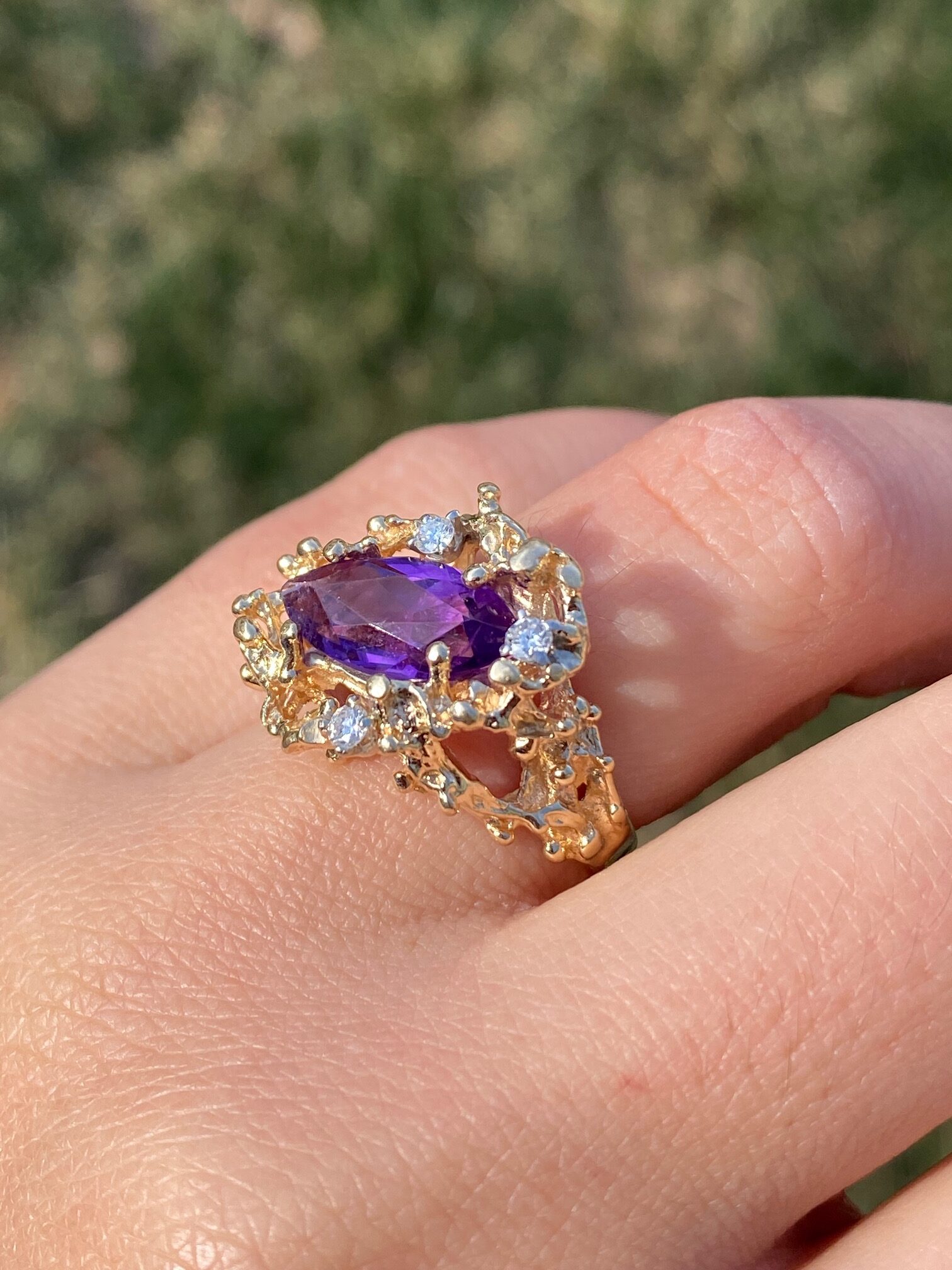 SOLD - The Elizabethton: Ladies 14K Gold Brutalist Style Ring set with Amethyst and Diamonds - Image 9