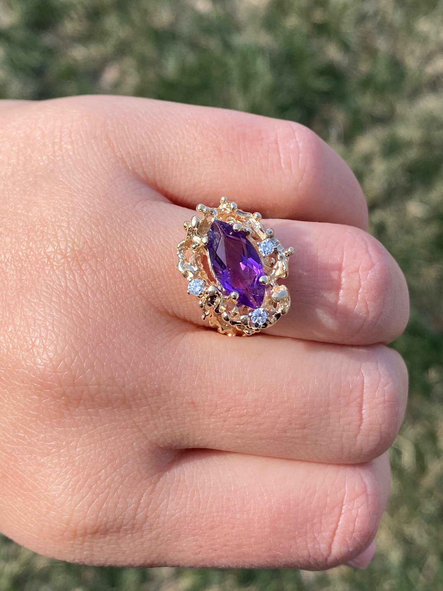 SOLD - The Elizabethton: Ladies 14K Gold Brutalist Style Ring set with Amethyst and Diamonds - Image 10