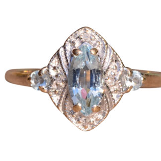SOLD - The Bunbury:  Vintage Navette Aquamarine ring Finished with Diamonds and Milgrain