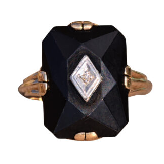 SOLD - The Rockingham:  Antique Faceted Onyx and Diamond Cocktail Ring in Yellow Gold
