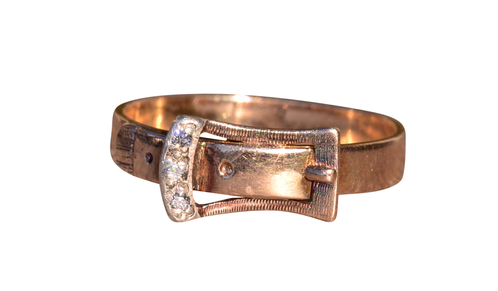 SOLD - The Imperial Beach: Antique English Victorian Rose Gold Buckle Band set with Old Cut Diamonds