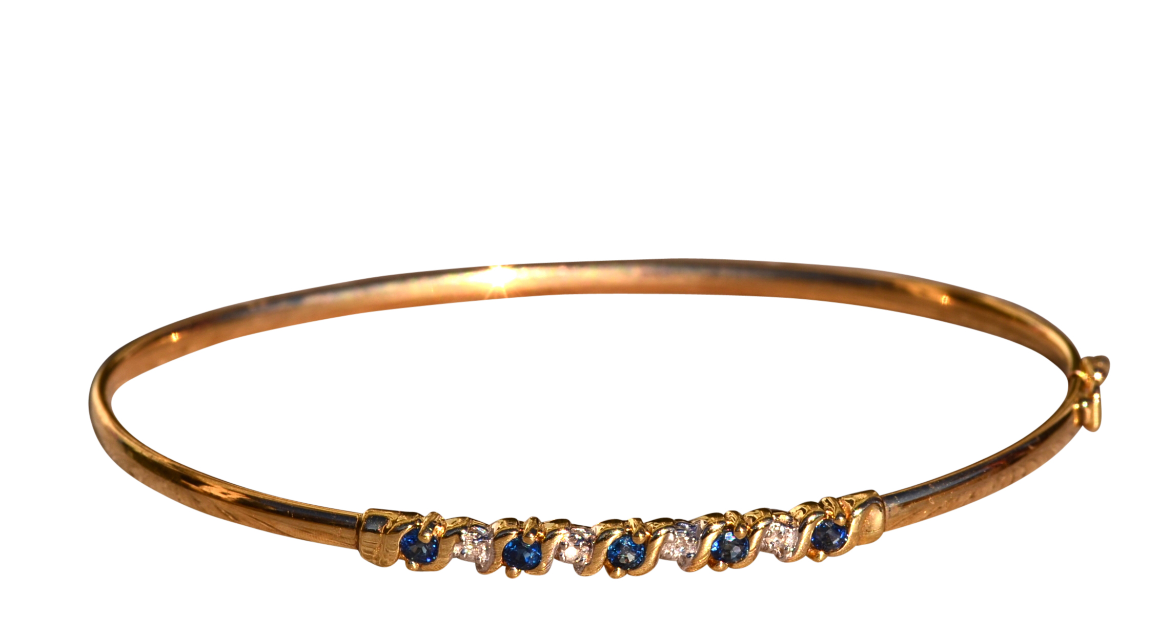 SOLD - The Hornsby Bend: Yellow Gold Sapphire and Diamond Thin Bangle Bracelet