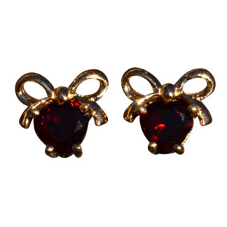 The West Lake Hills:  Yellow Gold Bow Earrings with Heart Shaped Garnet
