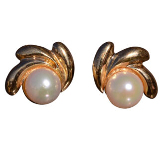 SOLD - The Fallbrook:  Yellow Gold Pearl Stud Earrings with Contemporary Flare