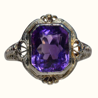 SOLD - The Kenova:  Antique Ladies Signed 18K White Gold Ring set with Amethyst
