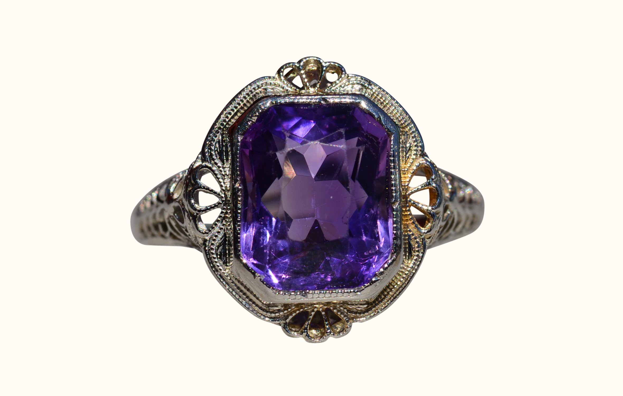 SOLD - The Kenova: Antique Ladies Signed 18K White Gold Ring set with Amethyst