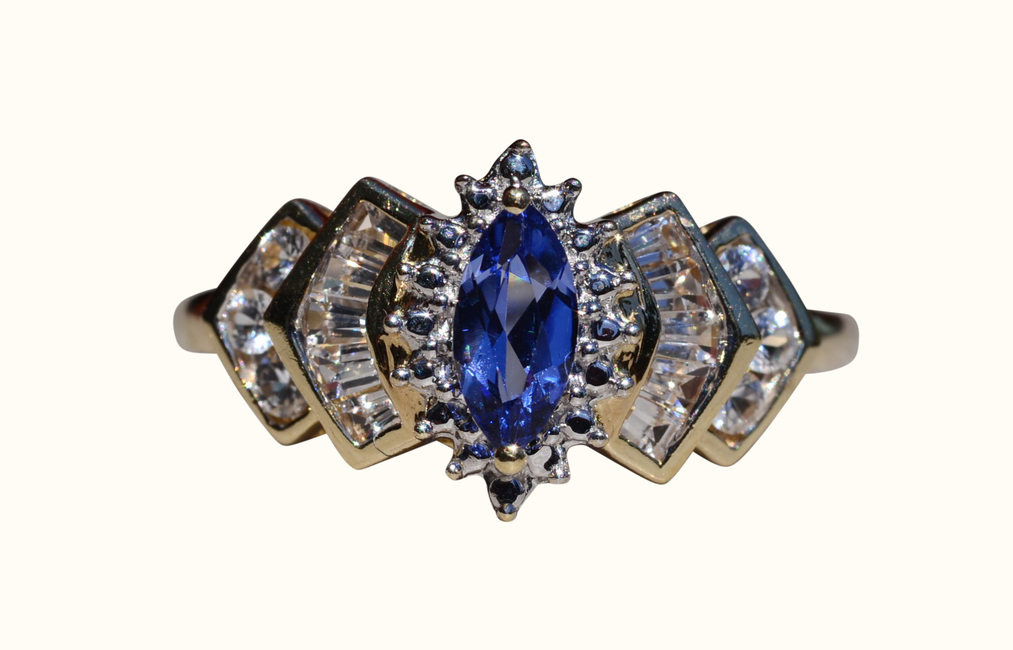 SOLD - The Laddonia: Ladies Yellow Gold Tanzanite and White Topaz Ring