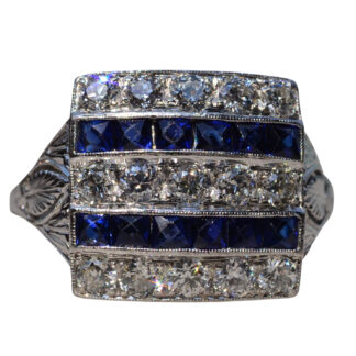 The Saco: Antique Platinum Cocktail Ring with French Cut Sapphires and Diamonds
