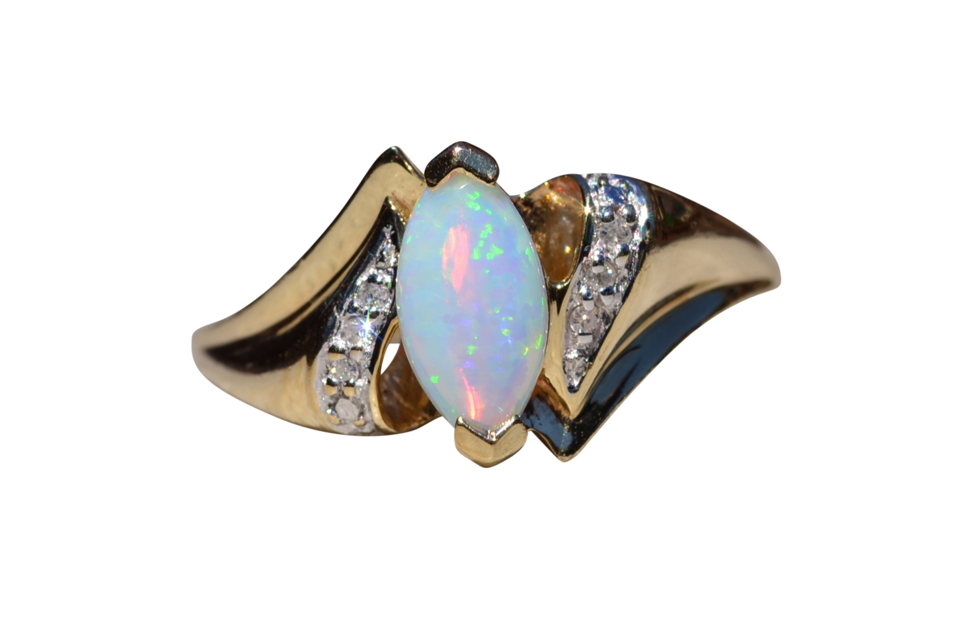 The Cortez: Navette Opal and Diamond Ring in Yellow Gold