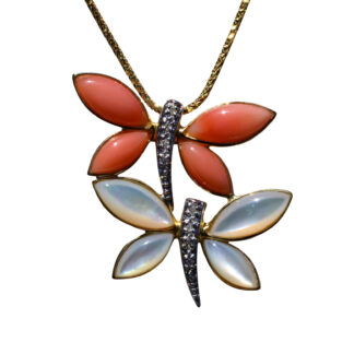 SOLD - The Dragonfly:  Yellow Gold Coral and Mother of Pearl Dragonfly Necklace