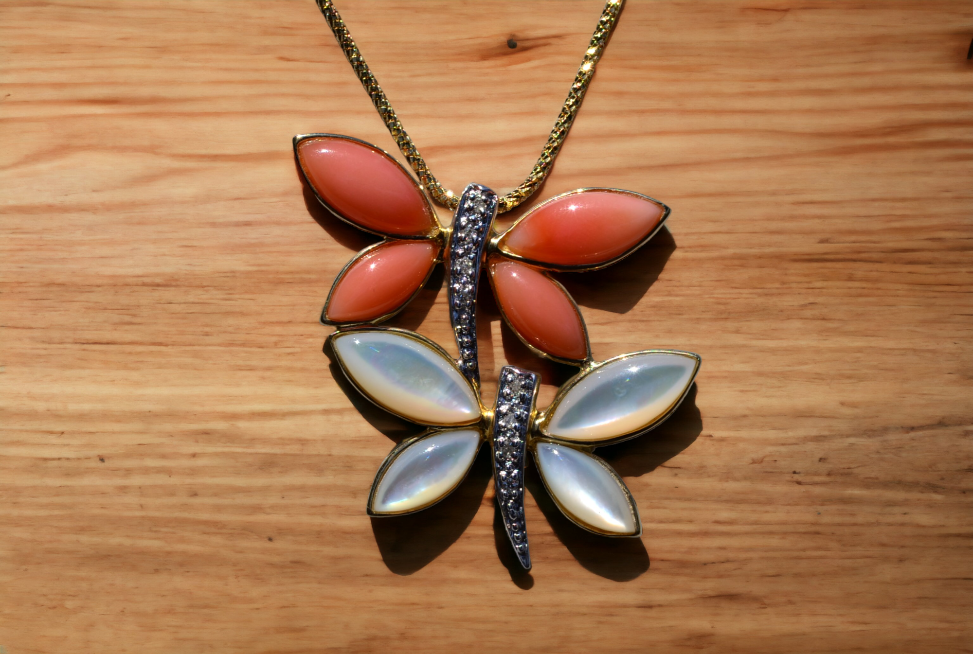 SOLD - The Dragonfly: Yellow Gold Coral and Mother of Pearl Dragonfly Necklace - Image 5