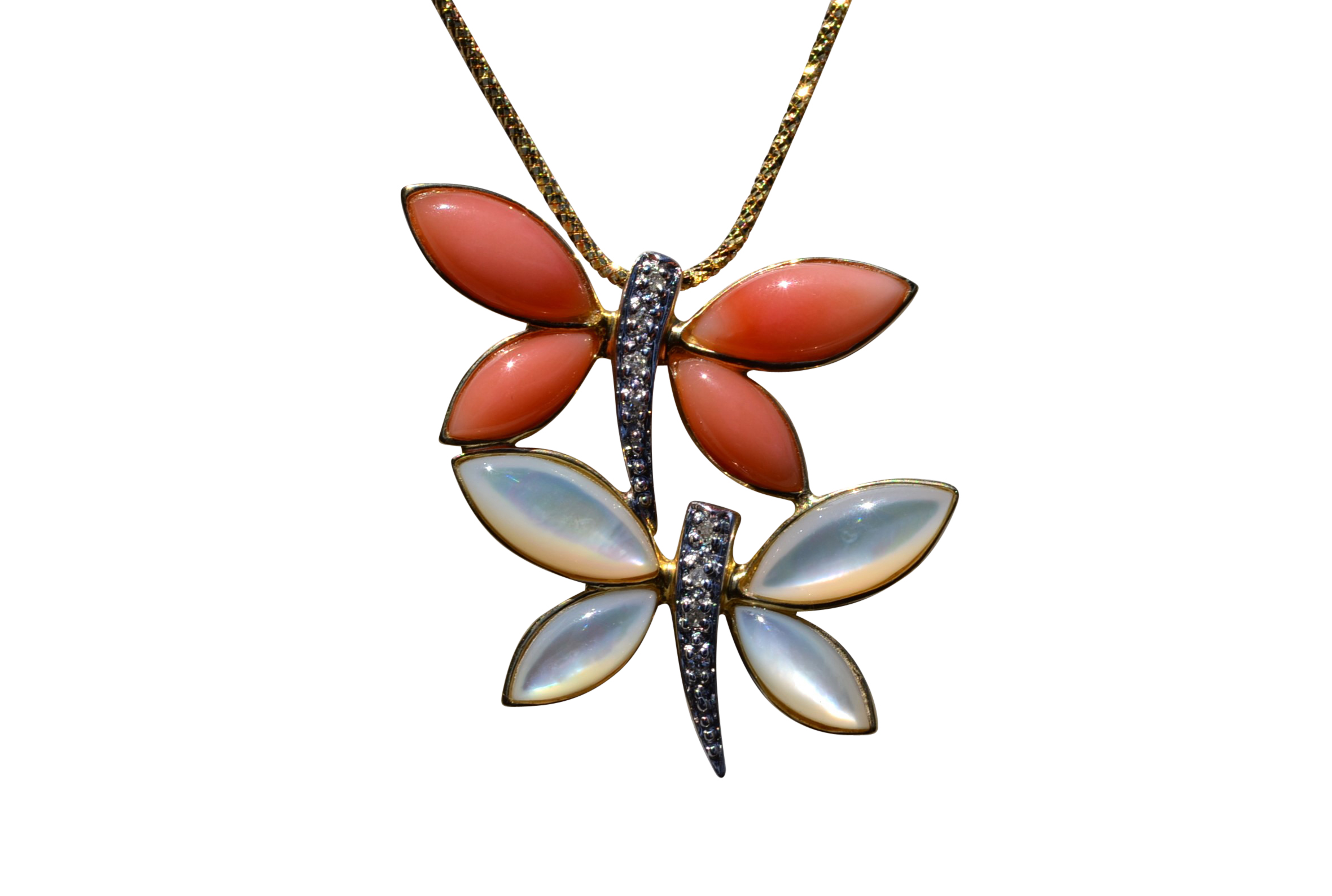 SOLD - The Dragonfly: Yellow Gold Coral and Mother of Pearl Dragonfly Necklace