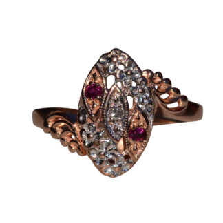 The Northwick:  Ladies Rose Gold Navette Ring set with Rubies and Diamonds