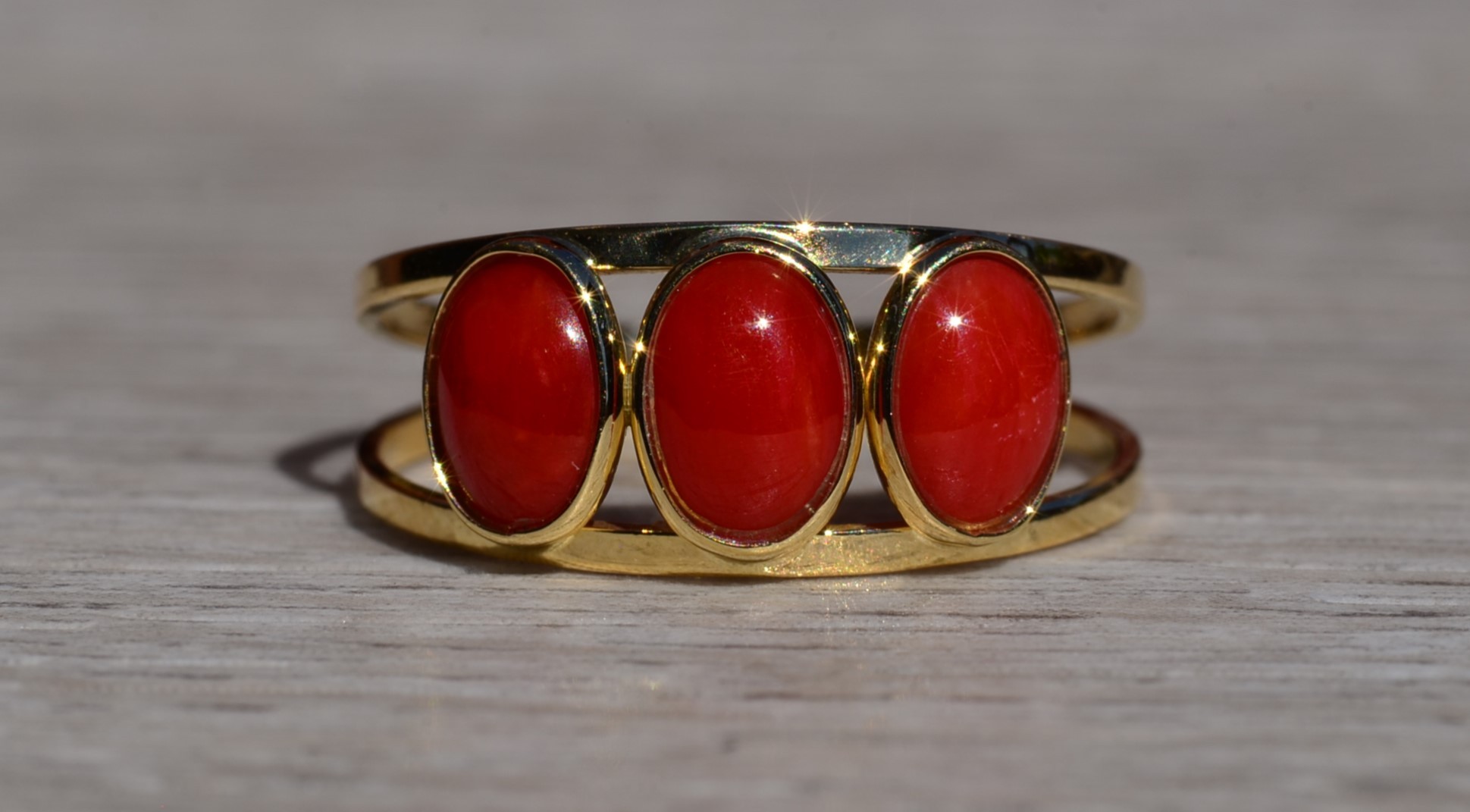 SOLD - The Decalb: Ladies 18K Yellow Gold Mid Century Coral Trilogy Ring - Image 2
