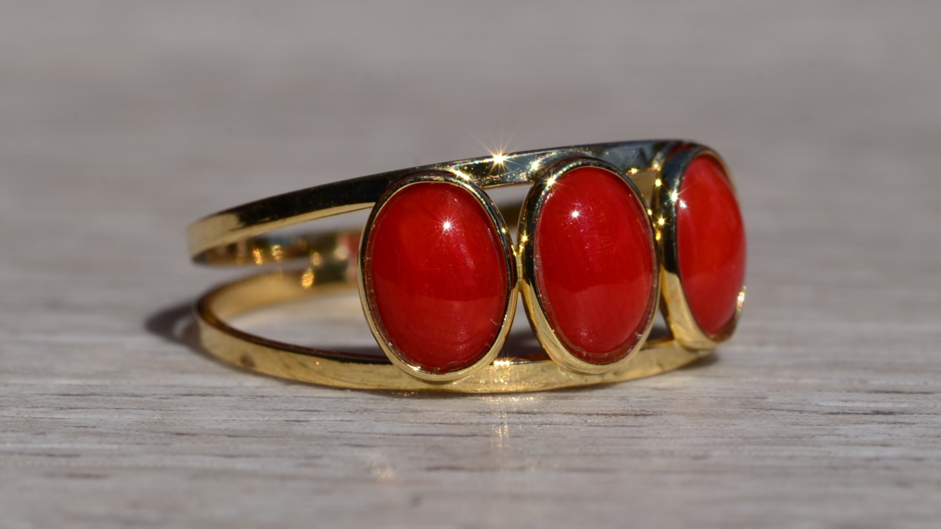 SOLD - The Decalb: Ladies 18K Yellow Gold Mid Century Coral Trilogy Ring - Image 6