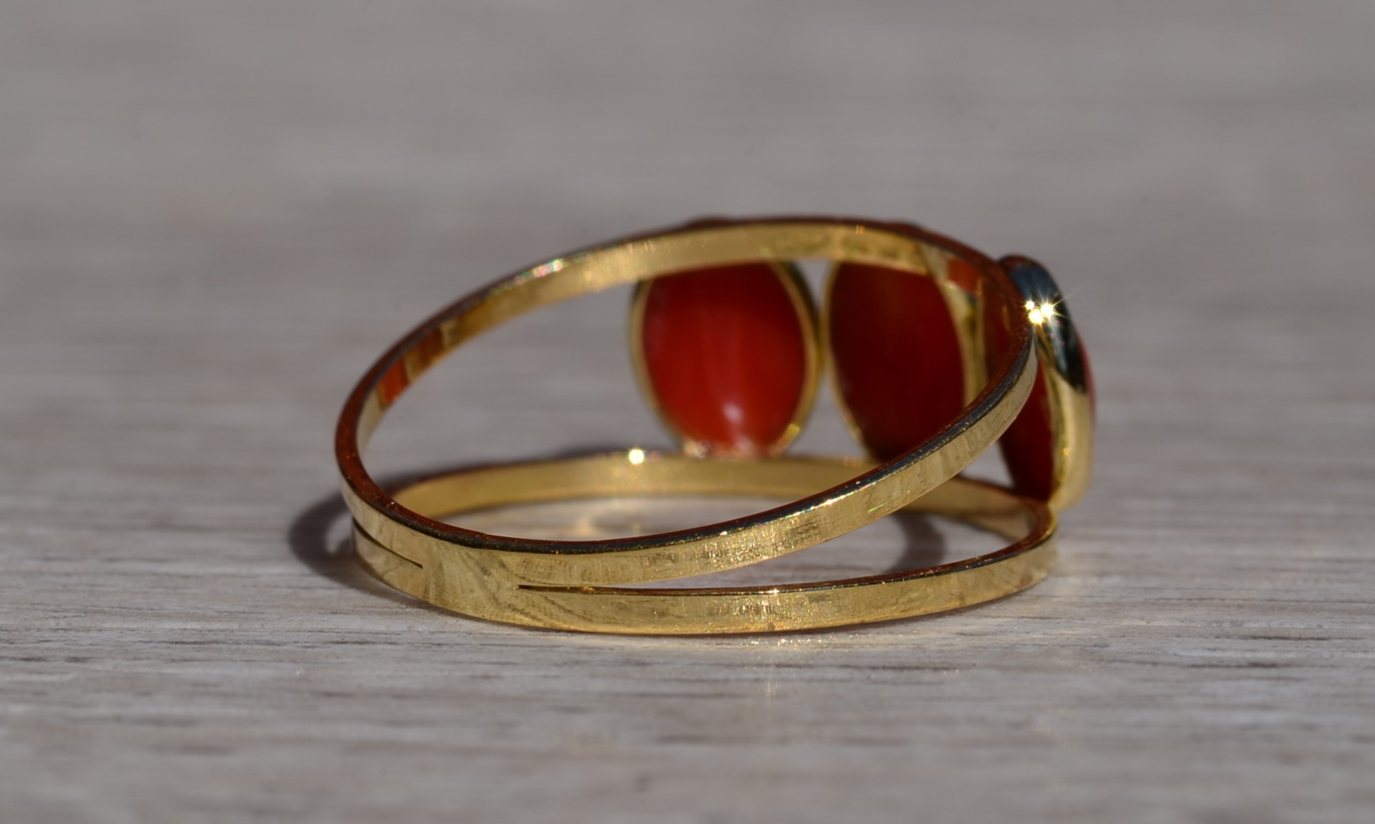 SOLD - The Decalb: Ladies 18K Yellow Gold Mid Century Coral Trilogy Ring - Image 5