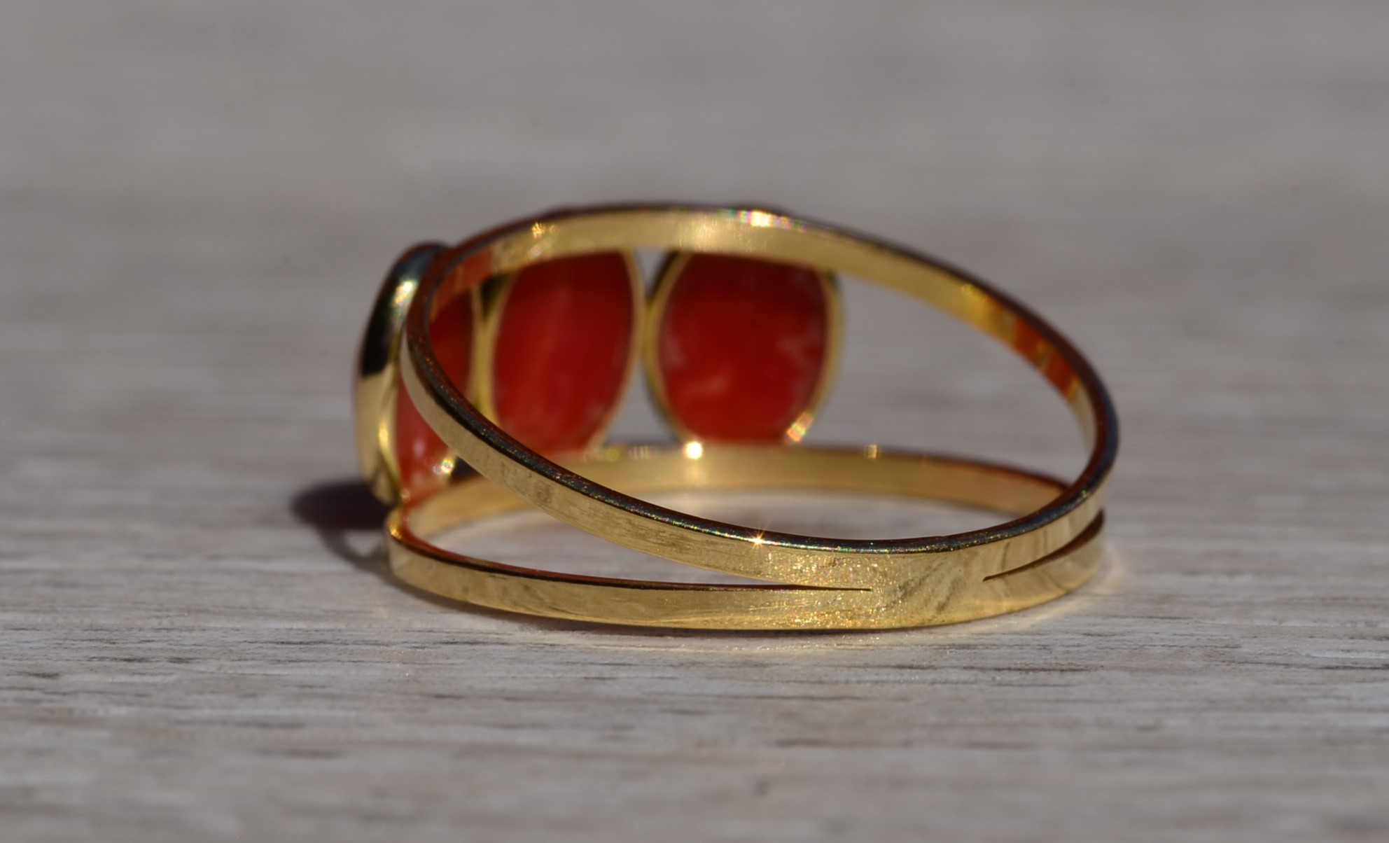 SOLD - The Decalb: Ladies 18K Yellow Gold Mid Century Coral Trilogy Ring - Image 4